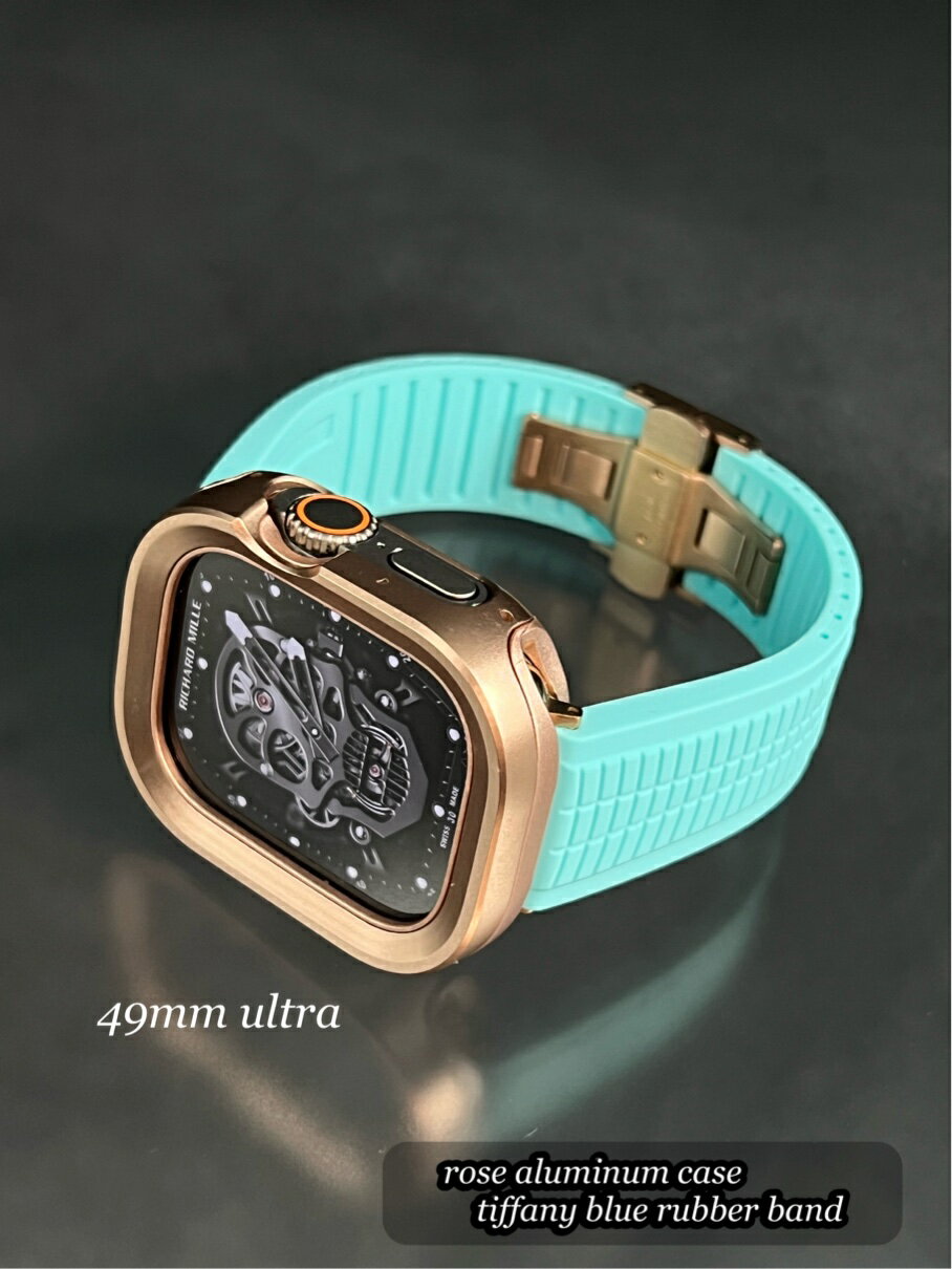 アップルウォッチ ローズ クローム ステンレス ケース ティファニーブルー ラバー ベルト 特殊 バックル付き セット 49mm 45mm 44mm 41mm 40mm ウルトラ ultra