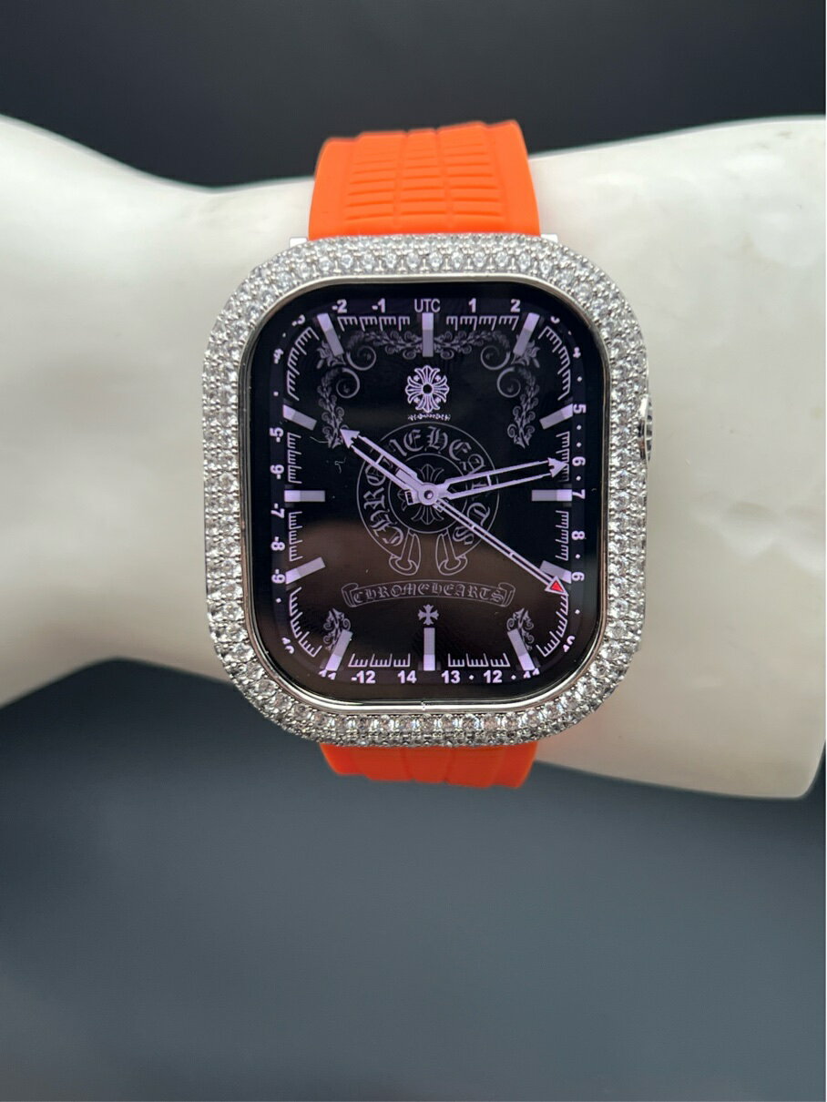 シルバー ベゼル CZダイヤモンド オレンジ ワイド ラバー ベルト カスタムセット アップルウォッチ 49mm 41mm 45mm 40mm 44mm アップルウォッチ用 APPLEWATCH 動画 プレゼント ウルトラ(2)
