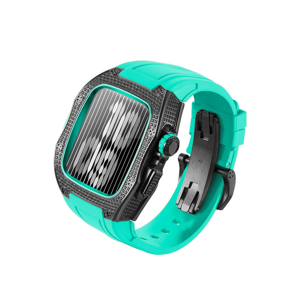 アップルウォッチ ブラック czダイヤモンド ステンレス ケース ティファニーブルー ラバーベルト 45mm 44mm シリーズ9 シリーズ8 シリーズ7 シリーズ6対応 動画 シリーズ7 applewatch アップルウォッチ用 シリーズ 5 シリーズ4 SE SE2