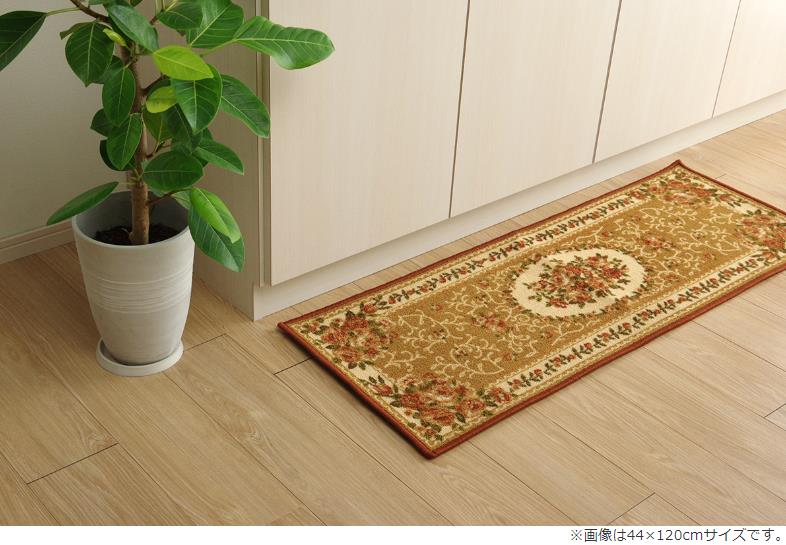 イケヒコ ナイロン 花柄 キッチンマット 撥水 速乾 ベージュ 約44×180cm エレガント ベージュ 5418829【代引き不可】【北海道沖縄離島は配送不可】-お取り寄せ品-