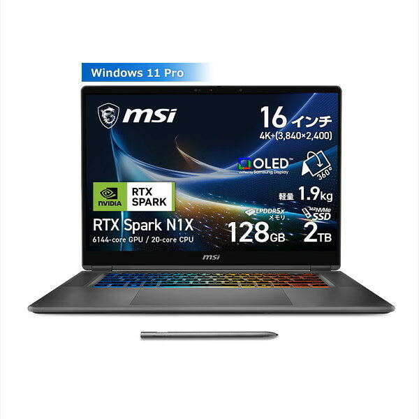 【10月23日発売】ノートパソコン MSI Prestige RTX Spark Prestige-N16-Flip-AI+C1XMT-3100JP [プラチナグレイ] 16型 OLED (有機EL) / 3840x2400 / NVIDIA Grace 20-core CPU / 128GB / NVIDIA Blackwell RTX 6144-core GPU / SSD 2TB/Windows 11 Pro 4711377485777