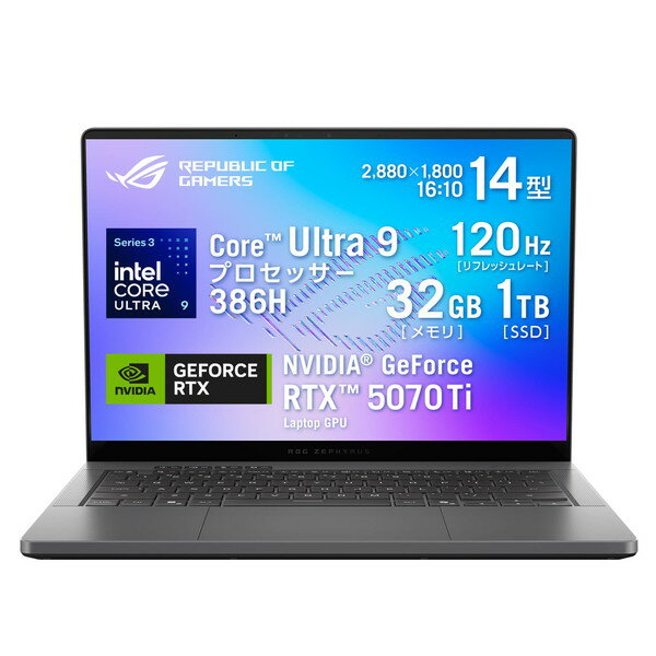 ASUS ゲーミングノートパソコン ROG Zephyrus G14 GU405AR GU405AR-U9R5070TIG 14インチ 2,880×1,800 120Hz 有機EL グレア Core Ultra 9 386H RTX5070Ti メモリ : 32GB SSD : 1TB Windows 11 Home 64ビット ノートPC エクリプスグレー 0199291501072-ds