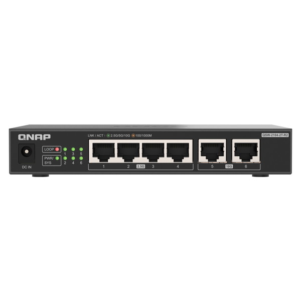 QNAP マルチギグアンマネージドスイッチ QSW-2104-2T-R2 4 x 2.5GbE + と 2 x 10GbE 高速ネットワーキングにアップグレード マルチギガ速度 ポート数：4+2 スイッチングファブリック：60 Gbps 【お取り寄せ商品です/納期都度対応】 0885022028153-ds
