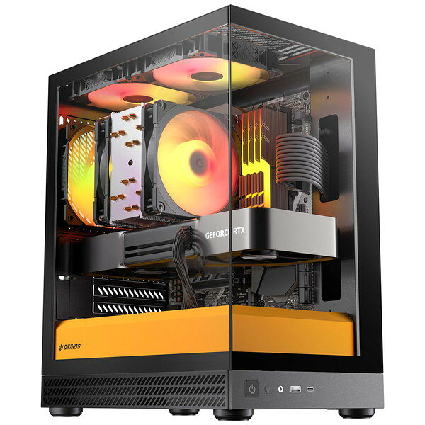 Okinos ピラーレスPCケース Aqua UNO Canary (Black/Yellow) ミニタワー 120 mm ARGBファン3個標準搭載/ 最大309 mmまで 拡張カードスペース確保/ ブラックイエロー 【キャンセル不可・北海道沖縄離島配送不可】 4897121941635-ds