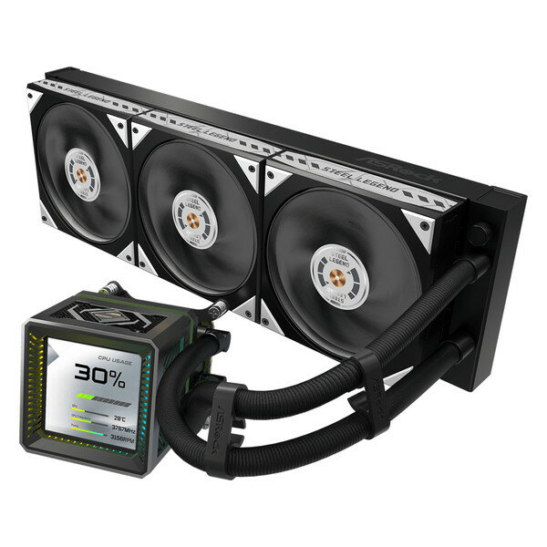 Steel Legend Dark 360 LCD Steel Legendは、一切の妥協を許さない剛健さと、長期にわたる高い信頼性を象徴する存在です。 産業グレードのデュアルボールベアリングと航空宇宙グレードのLCPファンブレードにより、揺るぎない冷却性能と優れた耐久性を発揮し、まさに“鋼から鍛え上げられた真の伝説”と言えるでしょう。 ・3.4インチ フルカラーLCDディスプレイ ・3相6スロットアップグレードポンプ ・デュアル吸入口 冷却経路 ・インダストリアルデュアルボールベアリング ・航空宇宙グレードLCPファン ・RGBライティングエコシステム ・0dBサイレントクーリング ・IIR+EPDMチューブ ・簡単取り付け ・高熱伝導サーマルグリス ・安心の国内6年保証 対応ソケットAMD：AM5, AM4Intel：LGA1851, 1700ウォーターブロック寸法：(L)100.4 x (W)86 x (H)107.6 mm材質 (コールドプレート)：銅LEDs ：ARGBラジエーター寸法：(L)397 x (W)120 x (H)27 mm材質：アルミニウムポンプ回転数：1200 - 3100 ± 10% RPM電流/電圧：0.38A/ 12Vコネクタ：PWM (4ピン)VRMファン寸法：(L)70 x (W)70 x (H)25 mm回転数：（最大） 3000 ± 10% RPMコネクタ：PWM (4ピン)電流/電圧：0.12A/ 12Vラジエーターファン寸法：(L)120 x (W)120 x (H)28 mm回転数：0 - 2500 ± 10% RPM風量：（最大） 76.7 CFM静圧：（最大） 4.16 mmH20騒音値：（最大） 38.3 dB(A)コネクタ：PWM (4ピン)電流/電圧：0.30A/ 12Vベアリング：デュアルボールベアリングLEDs：ARGB Gen1スクリーンタイプ：IPS LCDサイズ：3”解像度：480 x 480Display Color：24-bit輝度：250 cd/m²リフレッシュレート：60 Hzフレームレート (FPS)：60 FPSコネクタ：USB タイプ-C - マザーボード 9ピンチューブ材質：IIR + EPDM長さ：450mm保証AIOクーラーモジュール：6 年LCDディスプレイモジュール：2 年 ■ ご注意 ■・ ご注文のタイミングにより、納期がかかる、又は完売などの場合もございます。・ 商品の情報/詳細、画像について保証は致しかねます。・ 画像はイメージです。商品以外が含まれる、又は商品と異なる場合があります。・ 必ずメーカーホームページなど合わせてご確認ください。・ ご注文確定後のキャンセル・返品・交換は出来かねます。・ 北海道、沖縄、その他離島は配送致しかねます。 ・ 型番 : SL/DARK/360/LCD・ JAN : 4711581493551-ds