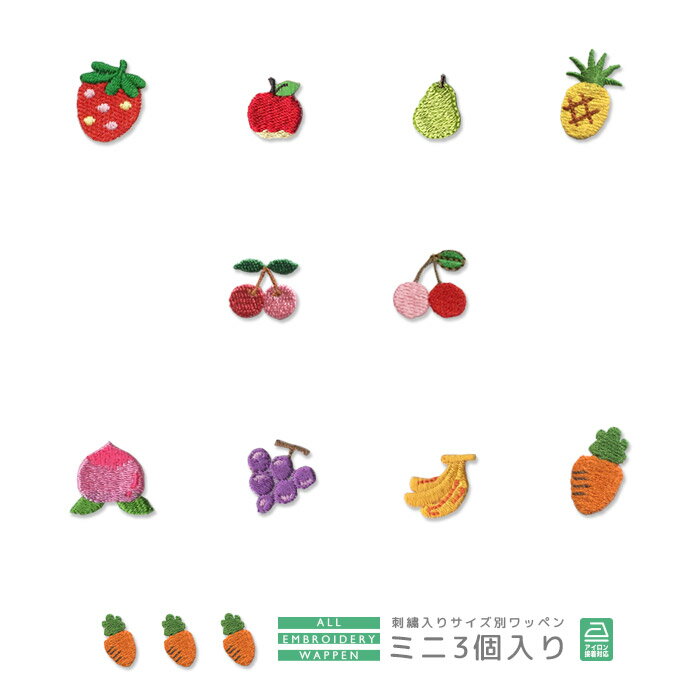 刺繍ワッペン ミニ 3個入り 食べ物 くだもの フルーツ いちご りんご パイナップル さくらんぼ チェリー もも ぶどう バナナ にんじん 洋ナシ マスク 入園 入学 アップリケ アイロン接着