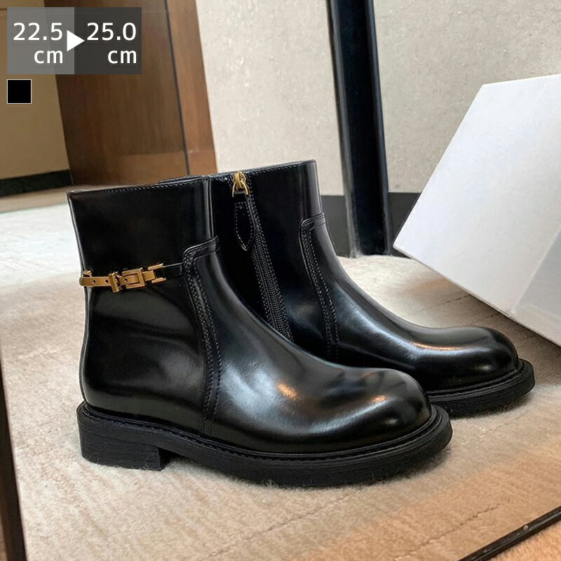 ゴールドバックルショートブーツ レディース 春秋冬 3.5センチヒール ブラック ブラウン ローヒール ショート スムース ファスナー