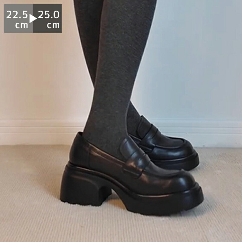 ローファー 靴 レディース ラウンドトゥ 5センチヒール 太ヒール 厚底 レザーシューズ 抗菌 消臭 軽量 ..