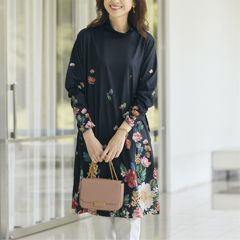 パネルプリント花柄カットソーチュニック