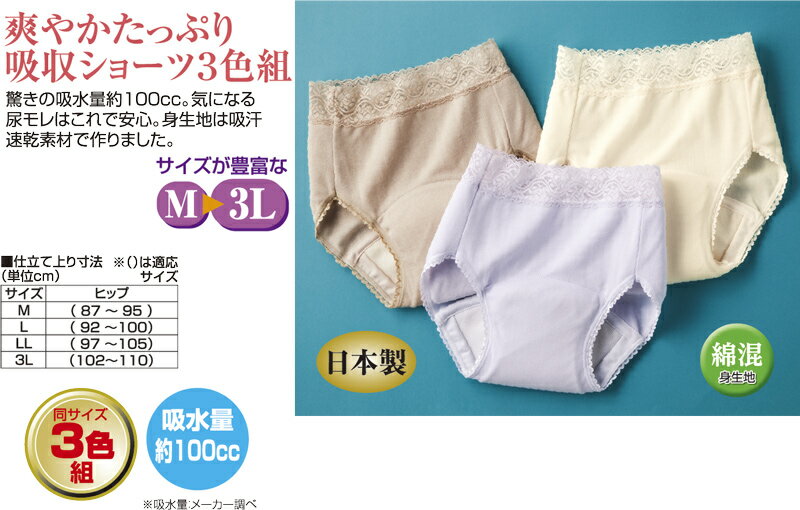 爽やかたっぷり吸収ショーツ3色組【M〜LL】