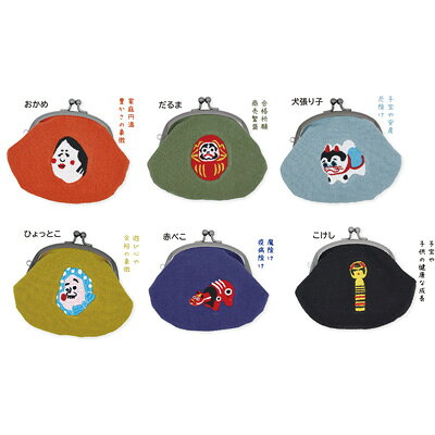 持ってるだけでかわいい小さながま口楽しくなる縁起物のワンポイント刺しゅう付き小銭入れやお薬、アクセサリー入れに小さなバッグにちょうどいいミニサイズです♪◆素材生地：綿口金：スチール◆サイズ（約　単位）13×13重さ：40g◆その他開閉：がま口裏面は刺しゅうなし465130/465131/465132/465133/465134/465135