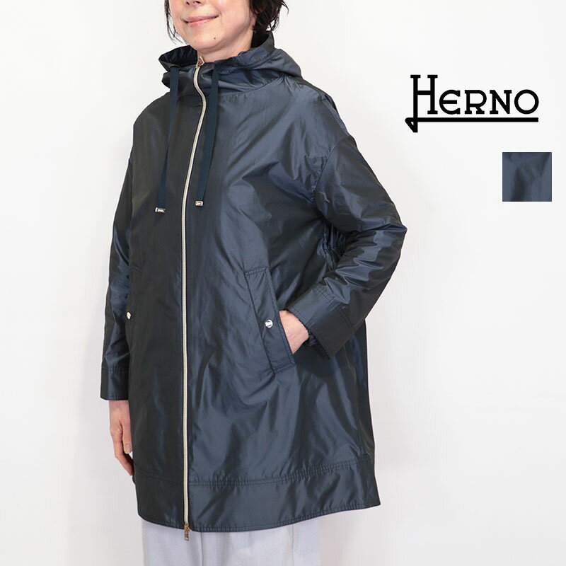 ヘルノ 袖シャーリング　スプリング　ロングコート ブラック 38　フーディ HERNO（ヘルノ） コート GC000444D 12483 レディース フード付き 撥水