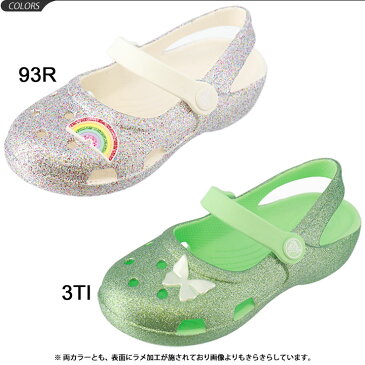 キッズ サンダル 女の子　ガールズ ジュニア クロックス crocs クラシック グリッター チャーム メリージェーン /子供靴 15.0-21.0cm フラット ラメ グリッター きらきら 蝶 レインボー 軽量 かわいい Classic Glitter Charm Mary Jane K 正規品 /206370