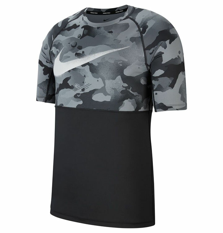 半袖 トレーニングシャツ Tシャツ メンズ/ナイキ NIKE ナイキプロ スリム カモ S/S トップ/スポーツウェア カモフラ柄 ビッグロゴ インナーシャツ 黒 ブラック 男性 ランニング ジム トップス/CU4094-010【返品不可】