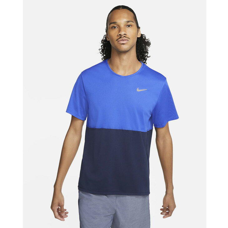 メンズ Tシャツ 半袖 ナイキ NIKE ブリーズラン S S プラクティスシャツ ランニングウェア 青 ブルー スポーツウェア マラソン ジョギング 男性 トップス CJ5333-480【取寄