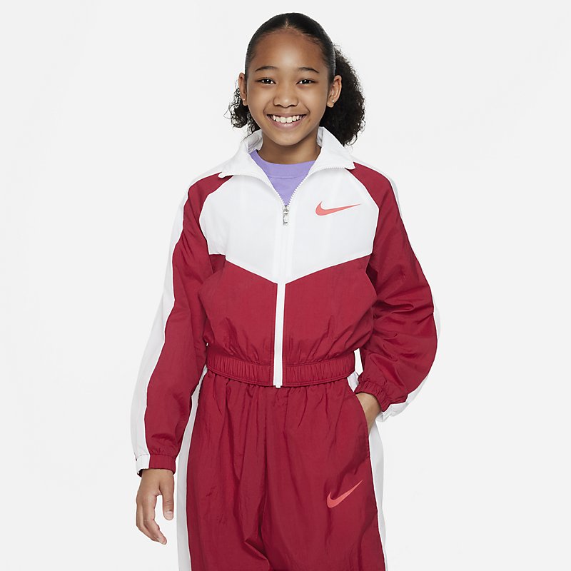 楽天APWORLD送料無料 ナイキ キッズ ウインドブレーカー ジャケット 130-160cm 女の子 子供服 NIKE ジュニア ガールズ ウーブン アウター 赤 白 レッド ホワイト スポーツウェア 子ども 女児 運動 通学 普段使い 上着 ジャンバー/FB1267-620