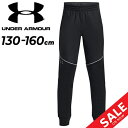 ◆ 商品詳細情報 ◆ ブランド アンダーアーマー UNDER ARMOUR 商品番号 1379286 カラー (001)ブラックピッチグレー サイズ YSM(130cm) YMD(140cm) YLG(150cm) YXL(160cm) 素材 ポリエステル100％ 原産国 ヨルダン製 ◆画像のカラーについて◆ 商品画像のカラーにつきましては、PC、モバイルなど閲覧環境等により実物のカラーと多少異なることもございます。 予めご理解のうえご注文を賜りますようお願いいたします。 ギフト対応 ※メーカー希望小売価格はメーカーサイトに基づいて掲載しています (記載価格が税抜き価格になっている場合もございます)【アンダーアーマー UNDER ARMOUR / キッズ / ロングパンツ】 ◆上下セットはこちら◆ ◆セットが組めるジャケットはこちら◆ ◆　商　品　説　明 ◆ □□□当店で販売しております商品はすべて【正規取扱品】です□□□ アンダーアーマー(UNDERARMOUR)から、キッズ用トレーニングパンツ [UAアーマーフリース ストーム パンツ]です。 寒い季節のスポーツシーンはもちろん、 通学など普段使いにもおすすめの一着です。 ・裏起毛で保温性が高く、軽量で速乾性にも優れる ・内側にドローコードが付いたゴム入りウエストバンド ・両サイドにポケット ・耐久性を強化するため、前もも部分はウーブン生地を重ねた仕様 ・裾はリブ仕様 ◯STORM(ストーム)：撥水加工を施したファブリックが雨や雪をはじき、悪天候下でもドライで快適な状態を保つ ◯Armour Fleece(アーマーフリース)：軽量で通気性とストレッチ性に優れる