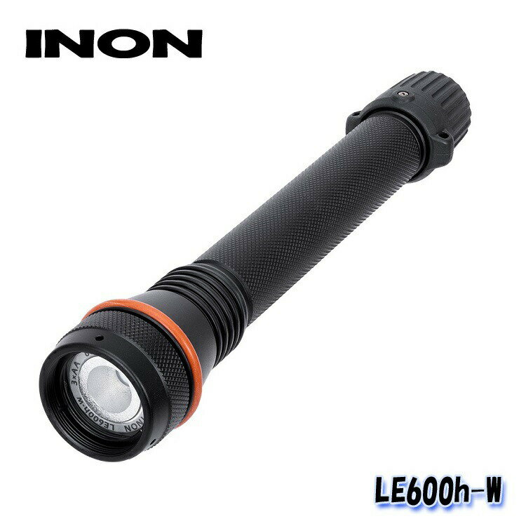 ■ 主要性能 　※ 重量は 単三形“eneloop”電池×3本を含みます。 　演色性(Ra)「約90」、色温度「約6500K」の高演色・高色温度LEDチップを 　搭載したライト 　最大光量600ルーメン、照射角はワイドな75度。 　主に撮影用ライトとして使いやすい光量と照射角を備えます。 　高演色LEDチップを搭載したことで、被写体の色再現性、視認性が向上し、 　少し広めな75度の範囲を均一に照らす強力な光線は、マクロ、ワイドマクロ撮影に 　最適です。洞窟やナイトダイビングで広範囲を照らすダイビングライトとしても 　威力を発揮します。 [FRONT・SIDE VIEW] 　● イノンhシリーズライトの色再現性が高い高演色・高色温度LEDチップを 　　　新たに搭載し、演色性はRa90。色温度は6500K。 　　　フォーカスライトやマクロ撮影の光源として、最適な光質を生み出します。 　● 色温度を高くしたことでストロボ光に近い色合いを実現し、ストロボ撮影時の 　　　ターゲットライトとして使用しても、ライトの色味の違和感なく撮影が可能です。 特殊なコーティング 　● 表面には耐腐食性や耐摩耗性に優れた特殊な塗装でコーティングを施し、 　　　さらに高耐久に仕上げました。 　● ライトの照射を嫌う水中生物にストレスを与えにくくする「赤フィルター・LE」が 　　　付属しています。 　● スチルカメラ / ビデオカメラに取り付ける為の、撮影用途向けオプションが 　　　豊富にラインナップされています。 　● 一般的で入手しやすい単三形電池3本を電源に採用。 　　　eneloop pro充電池使用時の実用点灯時間は約80分(*)に達します。 　　　「eneloop」等の対応充電池を使えば、充電器をストロボと共通で使うことができ、 　　　荷物の軽減や使い勝手の向上に役立ちます。 　(*) 約25℃の水中で連続点灯させ、明度が発光開始直後の半分になるまでの 　　　 時間(実測値)。 単三形電池3本 スイッチ 　● ライトヘッドや電池ボックスは、耐海水性に優れたアルミ合金製。 　　　シンプルな構造で、可動部にはダブルOリングを採用し、耐圧水深は120m。 　　　さらに、スイッチ部と電池セット部を独立させ、ストッパーを備えた 　　　シンプルな構造の回転スイッチを採用することで、確実なON/OFF動作と 　　　浸水リスクの低減を実現しています。 　● ライトヘッドや電池ボックスの電気接点に金メッキをほどこし、 　　　通常の使用では、基本的に接点のメンテナンスフリーを実現しています。 　● 単三形電池3本を使用する「LE700-S Type2」「LE700-S」「LE700-W Type2」 　　　「LE700-W」「LE600h-S」「LE550-S」「LE550-W」「LE350　Type2」「LE350」 　　　「LE330h」「LE250」とは、ライトヘッド部分の交換が可能。用途に応じた 　　　使い分けや、将来的なバージョンアップにも、柔軟に対応可能です。｜PickUp Item LEDライト LE600h-S クイック ホルダーセット S-LE シングルライト ホルダー LE ダブルライト ホルダー LE クアッドライト ホルダー LE ストロボライト ホルダー LE シングルライト ホルダー LE 三脚用 ライトケース LE 3AA カラー フィルター LEセット