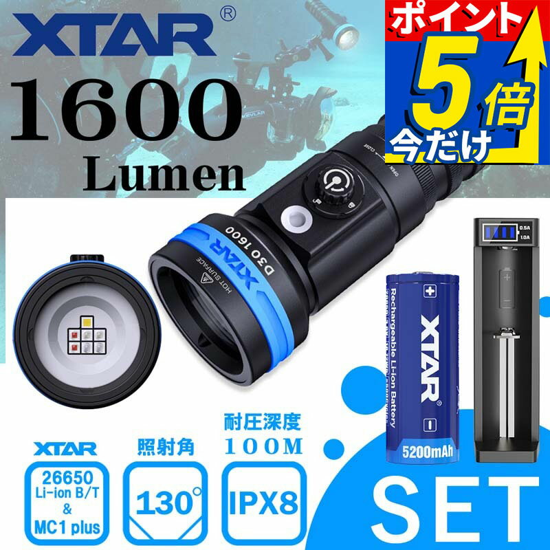 【スーパーSALE限定価格】 水中ライト ダイビング LED ダイビングライト 水中カメラ 撮影 ビデオライト 防水 コンパクト ハンディライト 充電式 D30 1600 (Full set) XTAR エクスター