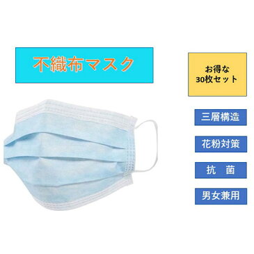 マスク 在庫あり 使い捨て 30枚 不織布 国内発送 メール便 送料無料 即日発送 普通成人サイズ 3層構造 大人用 男女兼用 フェイスマスク 花粉症 ハウスダスト 風邪 PM2.5 サージカル ウイルス対策 持ち運び 小分けパック