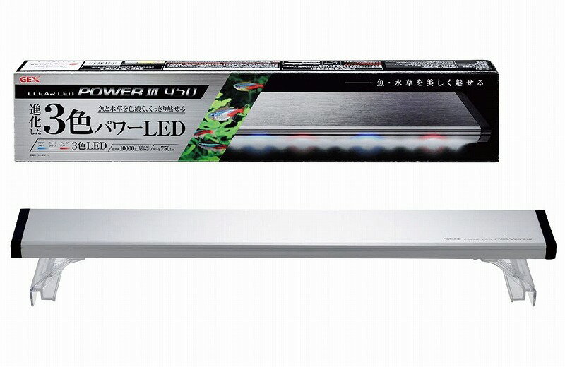 商品説明特長 進化した3色パワーLED。 魚と水草を色濃く、 くっきり見せる色温度7800K (3色点灯時)、明るさ500lm。 3色LEDが織りなす魚・水草・水の究極の 美しさと際立つ明るさを楽しめます。 水槽との一体感を高める上質な アルマイト加工のスリムボディ。 ライトリフト付。 本体サイズ 約幅45.7×奥行8.5×高さ2.1cm 適合水槽 幅45cm〜51cm(リフト使用時) 注意 モニターの発色の具合によって 実際のものと色が異なる場合があります。