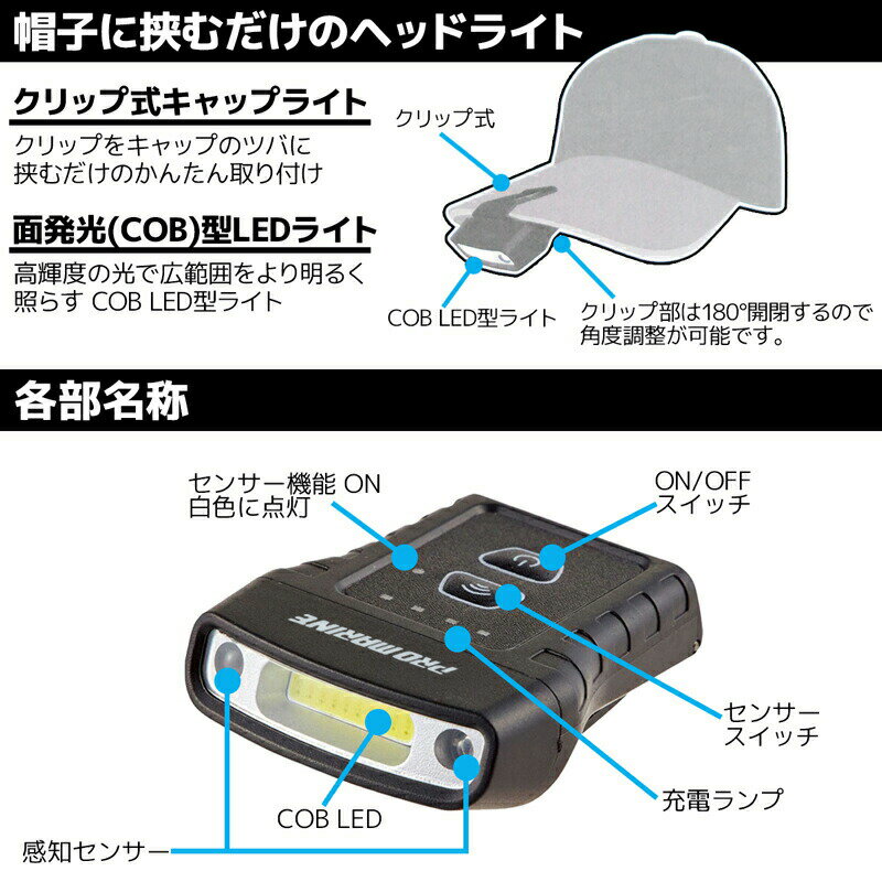 センサー付きCOB LEDキャップライト LEK116 USB充電式 70ルーメン PRO MARINE通販格安セール情報 楽天 通販