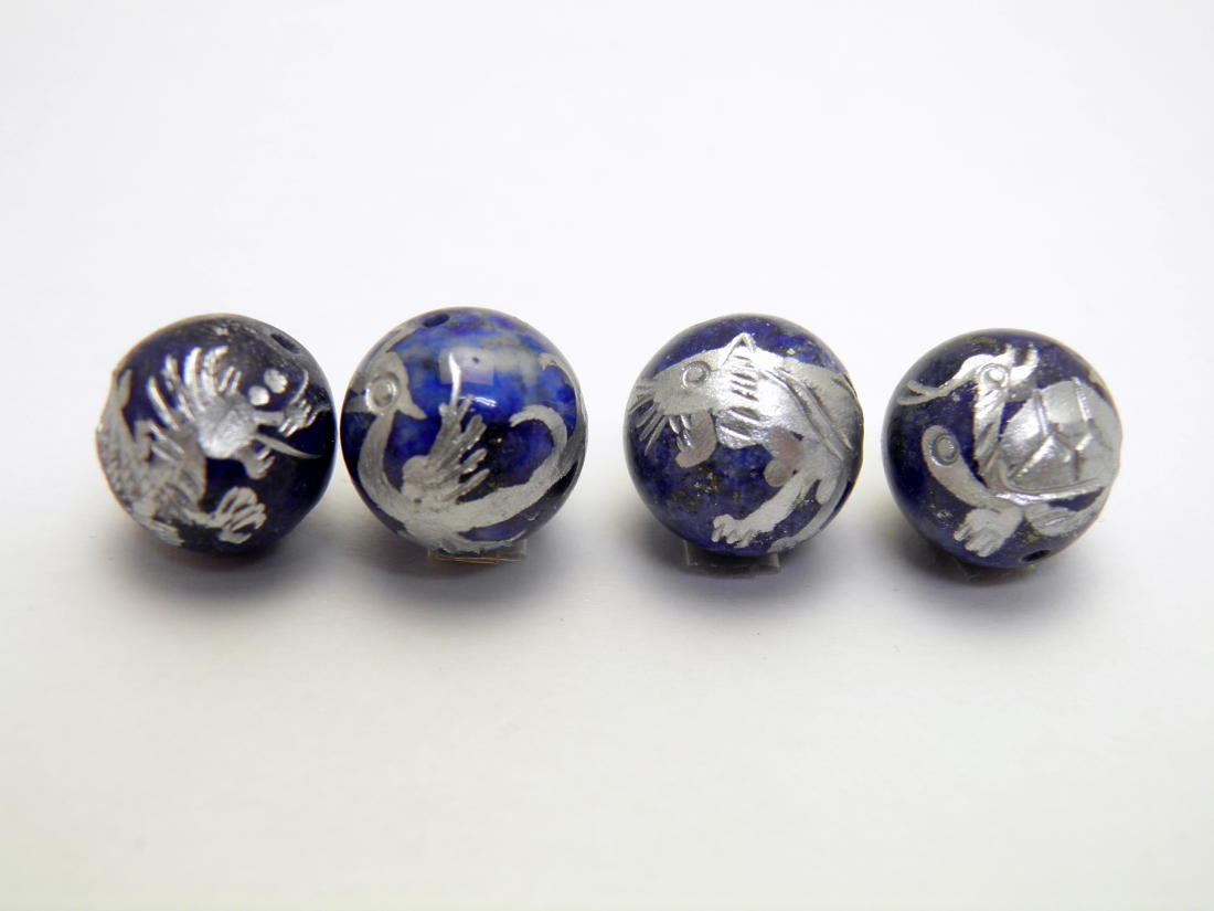 四神獣4点セット ラピスラズリ銀彫り 彫刻ビーズ 12mm玉 青龍・朱雀・白虎・玄武 天然石 パワーストーン / インペリアルオーラ おしゃれ かわいい オシャレ 可愛い プレゼント ギフト 贈り物