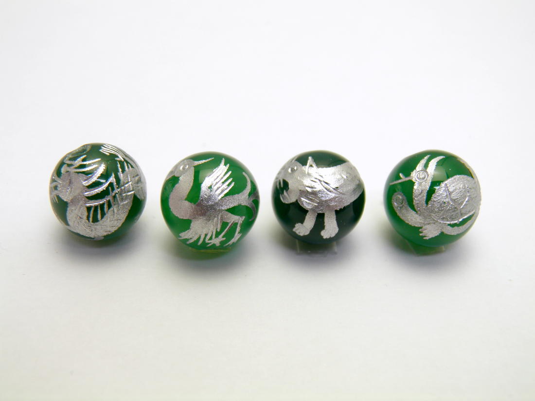 四神獣4点セット グリーンメノウ銀彫り 彫刻ビーズ 12mm玉 青龍・朱雀・白虎・玄武 天然石 パワーストーン / インペリアルオーラ おしゃれ かわいい オシャレ 可愛い プレゼント ギフト 贈り物