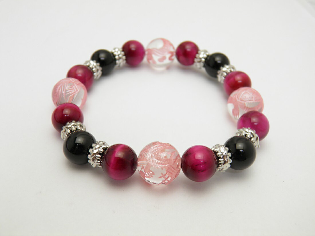 天然石 四神獣ブレスレット ピンクタイガーアイ＆(ピンク彫り）四神獣 水晶＆オニキス 四神相応数珠ブレスレット バラ売り 天然石 パワーストーン / インペリアルオーラ おしゃれ かわいい オシャレ 可愛い プレゼント ギフト 贈り物