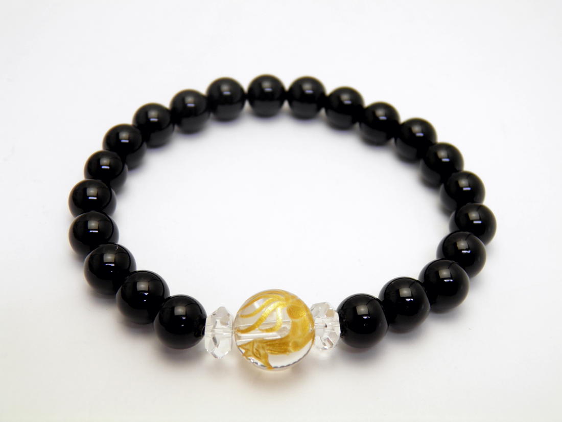 九尾の狐 手彫り玉 水晶(金色入り）12mm オニキス ブレスレット 天然石 パワーストーン / インペリアルオーラ おしゃれ かわいい オシャレ 可愛い プレゼント ギフト 贈り物