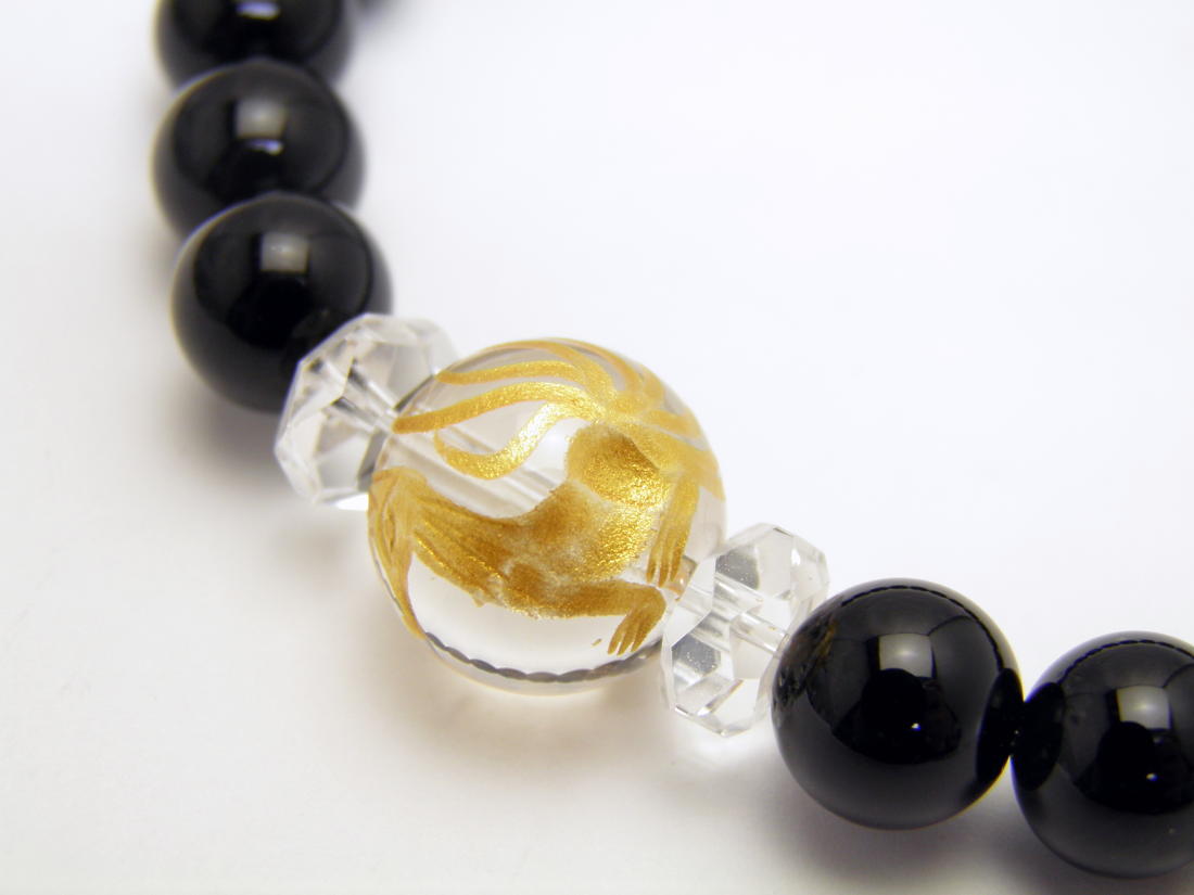 九尾の狐 手彫り玉 水晶(金色入り）12mm オニキス ブレスレット 天然石 パワーストーン / インペリアルオーラ おしゃれ かわいい オシャレ 可愛い プレゼント ギフト 贈り物