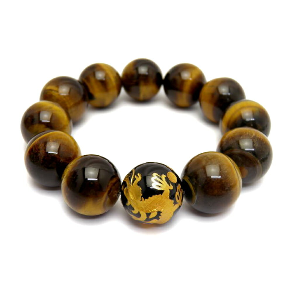 選べる2種類 20mm オニキス/タイガーアイ金彫り五爪龍&タイガーアイ大玉ブレスレット 数珠 ブレスレット メンズ 男性用 天然石 パワーストーン / インペ...