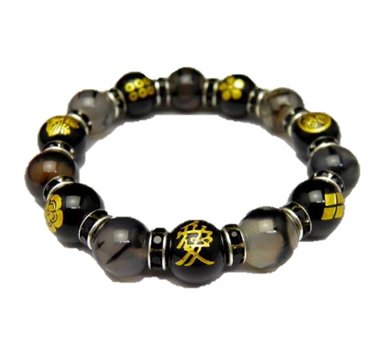 本格派 存在感＆重量感抜群 戦国武将七人衆 金彫り家紋数珠ブレスレット 金彫家紋オニキス 黒龍紋 天然石 風水 パワーストーン