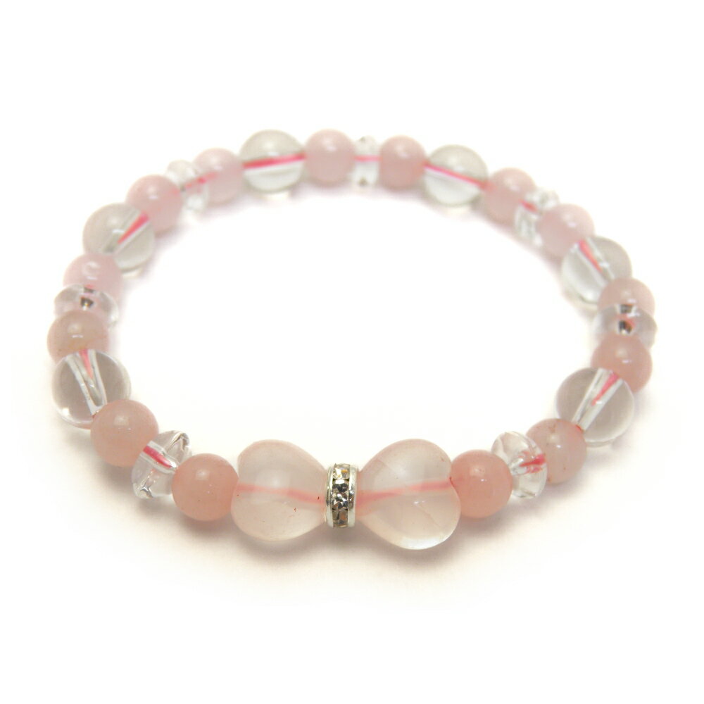 激カワ!リボン型 デザインブレス ハートリボン・ローズクォーツ&水晶ブレスレット レディース 女性用 数珠 ブレスレット 天然石 パワーストーン / インペリア...