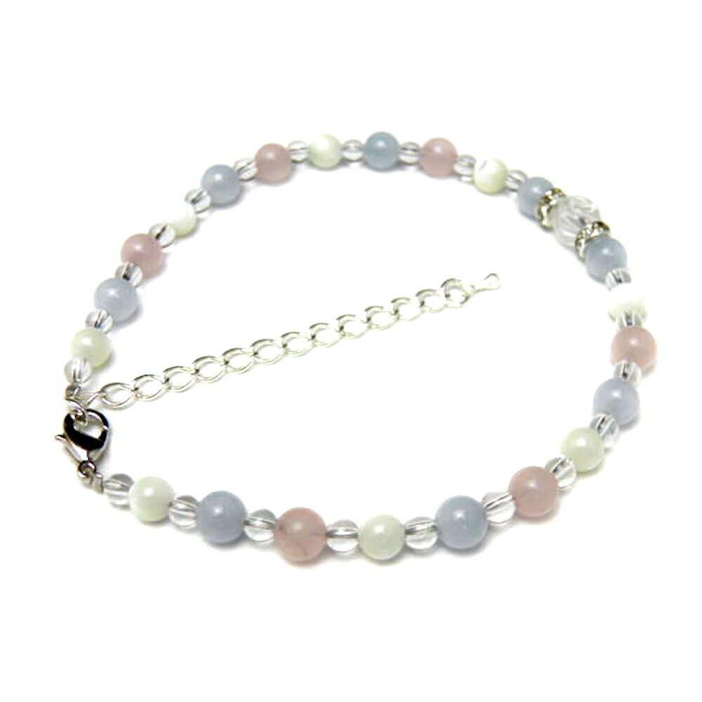 【アンクレット】 水晶薔薇モチーフ&アクアマリン・ローズクォーツ・マザーオブパール / 天然石、パワーストーンの専門店インペリアルオーラ おしゃれ かわいい オ...