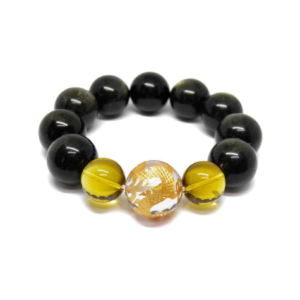 20mm 水晶金彫り五爪龍&ゴールデンオブシディアン シトリン大玉ブレスレット 数珠 ブレスレット メンズ 男性用 天然石 パワーストーン / インペリアルオー...