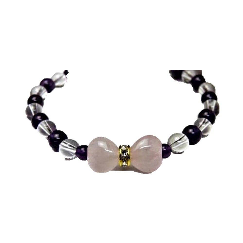 激カワ!リボン型 デザインブレス ハートリボン・ローズクォーツ&アメジスト・水晶ブレスレット レディース 女性用 数珠 ブレスレット 天然石 パワーストーン /...