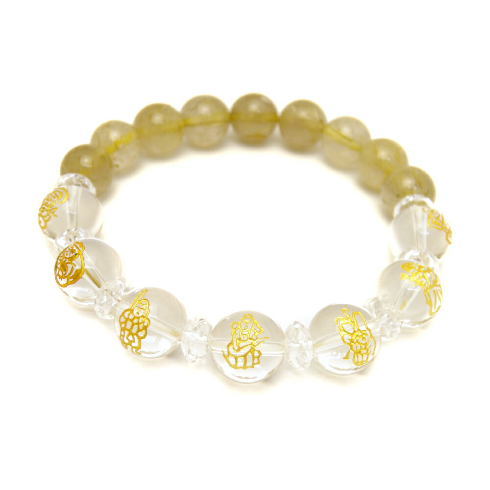 水晶 金彫り 七福神12mm&ルチルクォーツ10mm玉オリジナルブレスレット 数珠 ブレスレット 送料無料 天然石 パワーストーン プチギフト 転勤 退職 お礼...