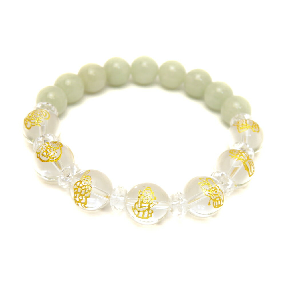 水晶 金彫り 七福神12mm&翡翠10mm玉オリジナルブレスレット 数珠 ブレスレット 送料無料 天然石 パワーストーン プチギフト 転勤 退職 お礼 母の日 ...