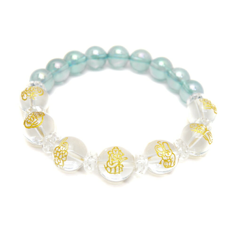 水晶 金彫り 七福神12mm&アクアオーラ10mm玉オリジナルブレスレット 数珠 ブレスレット 送料無料 天然石 パワーストーン プチギフト 転勤 退職 お礼 ...
