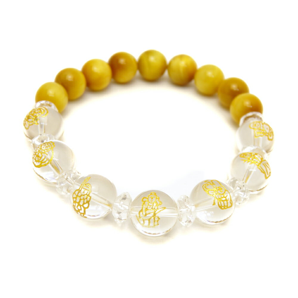 水晶 金彫り 七福神12mm&ゴールデンタイガーアイ10mm玉オリジナルブレスレット 数珠 ブレスレット 送料無料 天然石 パワーストーン プチギフト 転勤 退...