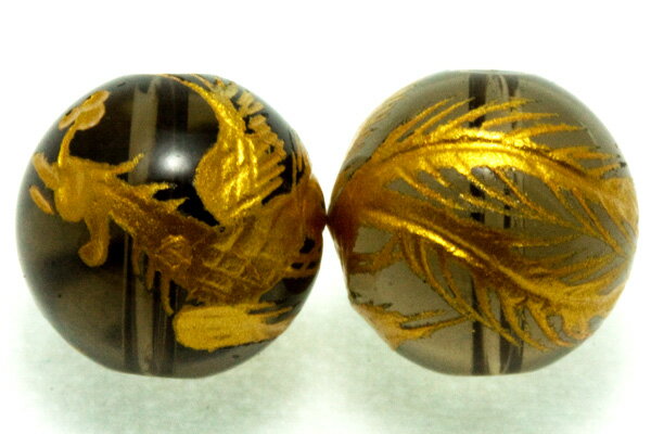 スモーキークォーツ 10mm （金彫り） 鳳凰 ブラジル産 【彫刻 一粒売りビーズ】 天然石 パワーストーン