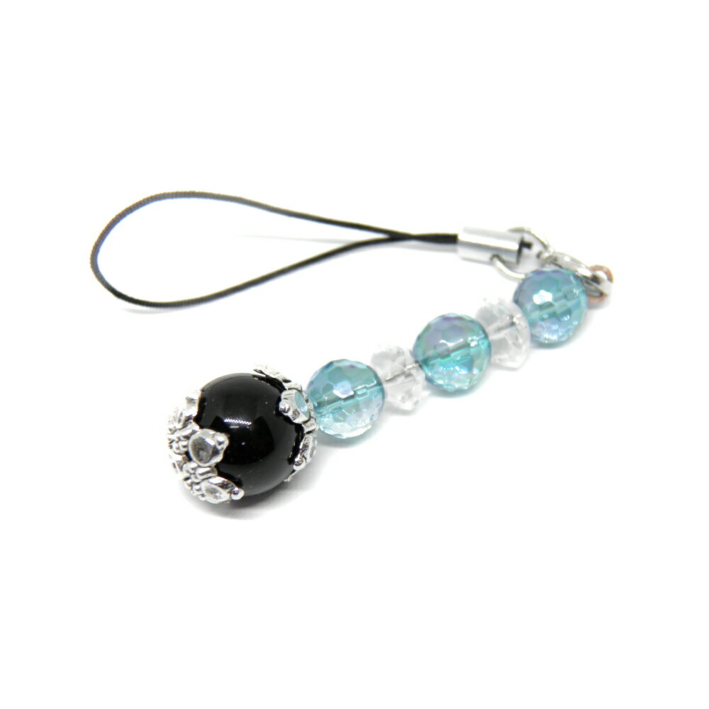 【ストラップ】 ストレートタイプ モリオン(黒水晶)AAA&アクアオーラ プチギフト 転勤 退職 お礼 母の日 ギフト / 天然石、パワーストーンの専門店インペ...