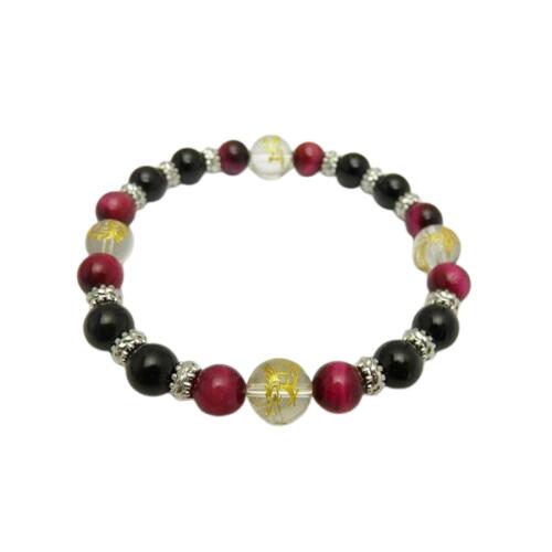 天然石 四神獣ブレスレット ピンクタイガーアイ&(金彫り)四神獣 水晶&オニキス 内径22cm パワーストーン 四神相応数珠ブレスレット バラ売り メンズ レデ...