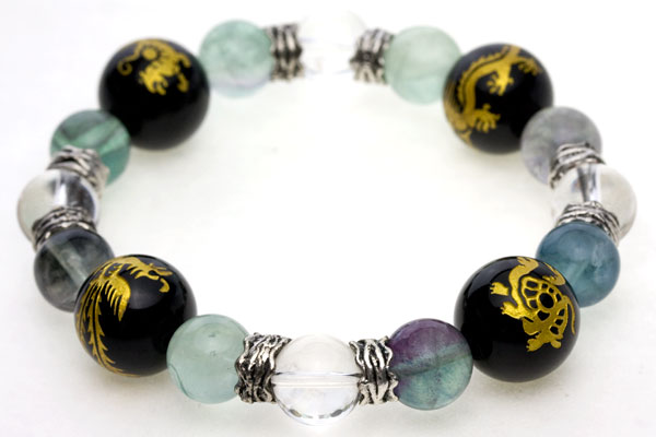 【ブレスレット】風水四神獣 オニキス (金彫り) フローライト プチギフト 転勤 退職 お礼 母の日 敬老の日 クリスマス ギフト / 天然石、パワーストーンの...