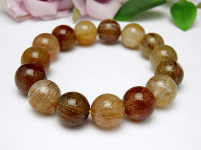 現品!2種類のルチルが入ったミックスルチルクォーツブレスレット13mm玉使用 ゴールデンルチル・レッドルチル(福禄寿) / 天然石、パワーストーンの専門店インペ...