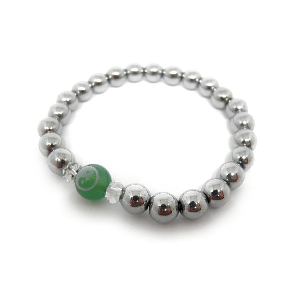 陰陽太極図 10mm玉 グリーンメノウ 素彫り ワンポイント ヘマタイト(シルバーメッキ) ブレスレット 天然石 パワーストーン プチギフト 転勤 退職 お礼 ...