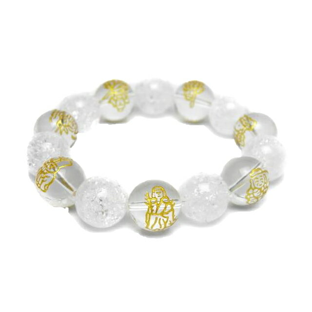高品質 天然石 金彫り七福神 水晶 14mm クラック水晶ブレスレット 天然石 パワーストーン プチギフト 転勤 退職 お礼 母の日 敬老の日 ギフト / イン...