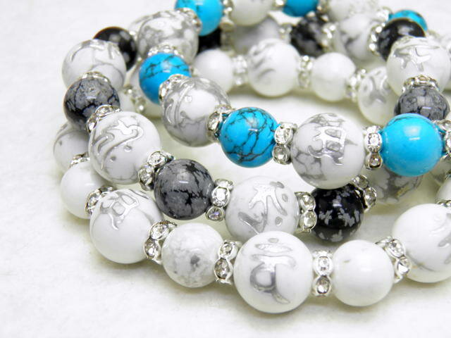 天然石 八大梵字 ハウライト 銀彫り 12mm ブレスレット パワーストーン / ...