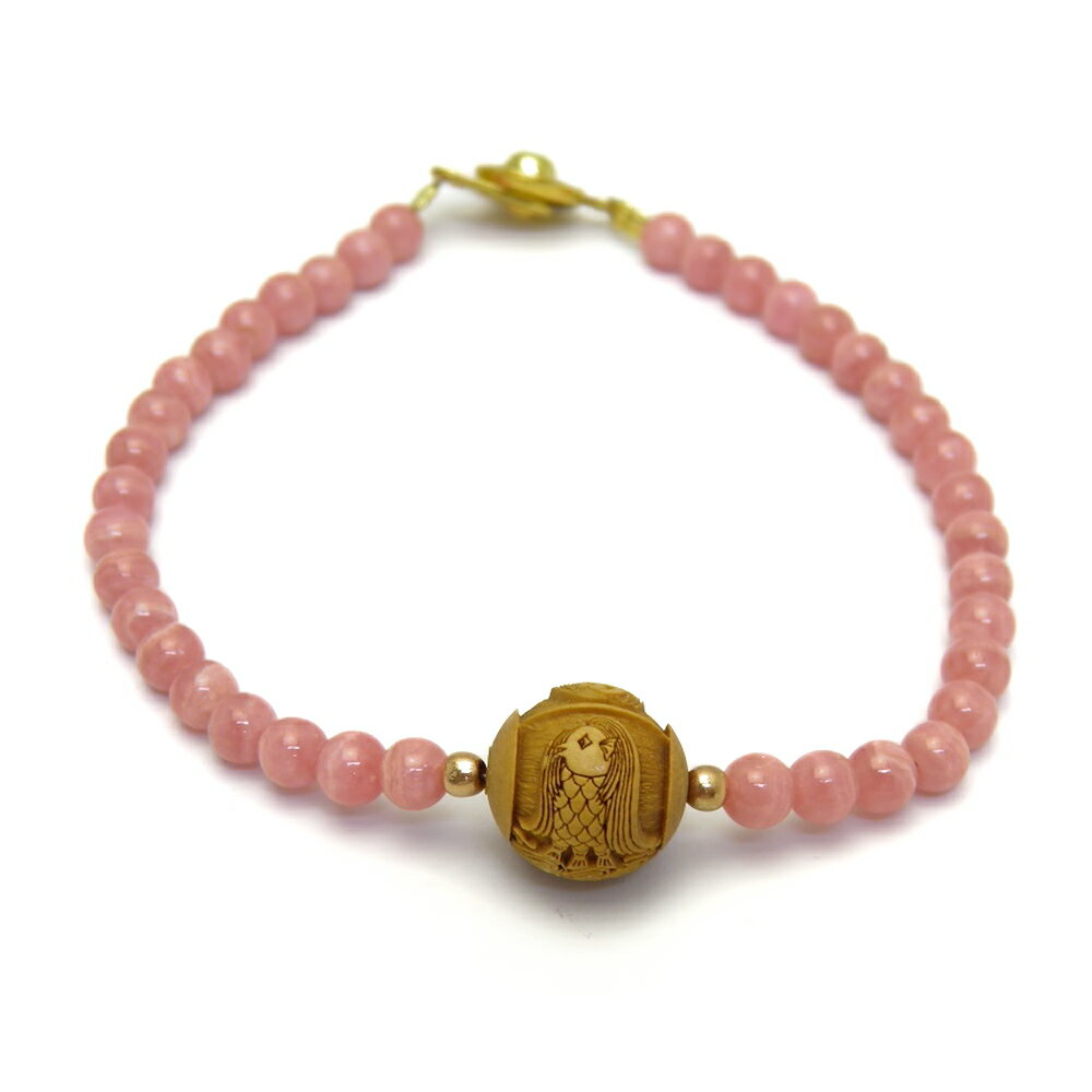 【浮彫】アマビエ 柘植玉 12mm インカローズ 4mm ブレスレット 天然石 風水 パワーストーン お試し ポイント消化 プチギフト 転勤 退職 お礼 母の日...